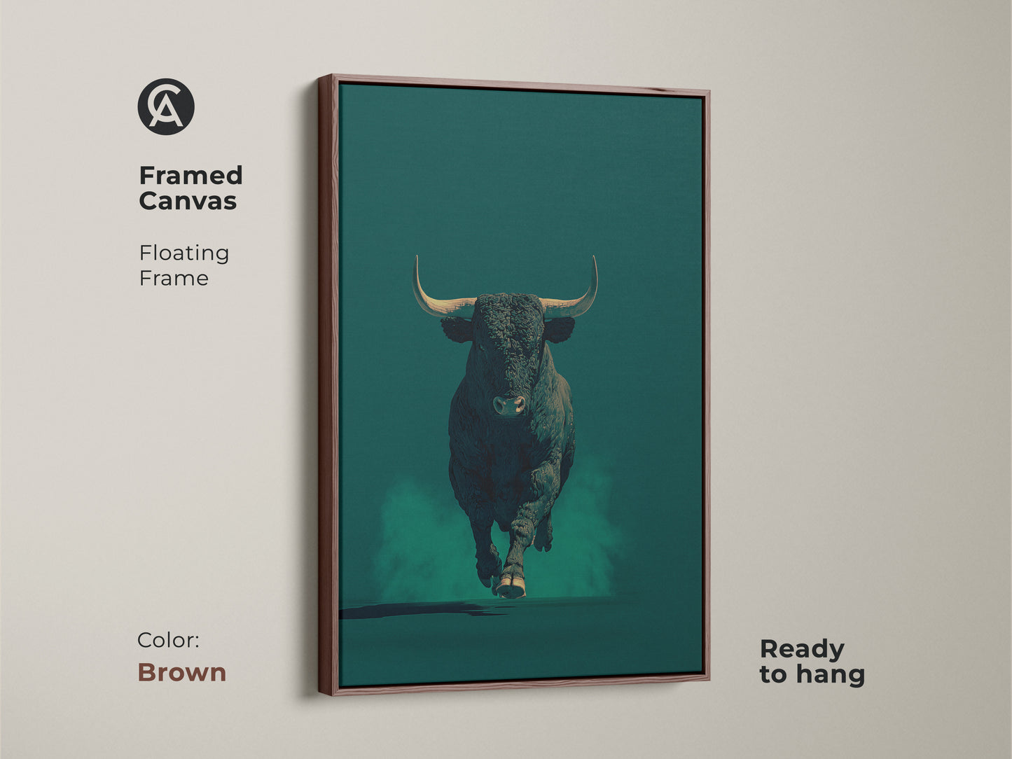 Framed canvas showcasing a bull in dark teal with a brown floating frame. This modern animal artwork is ready to hang. Perfect for office wall decor. The brown frame adds a touch of warmth. It is ready to hang.