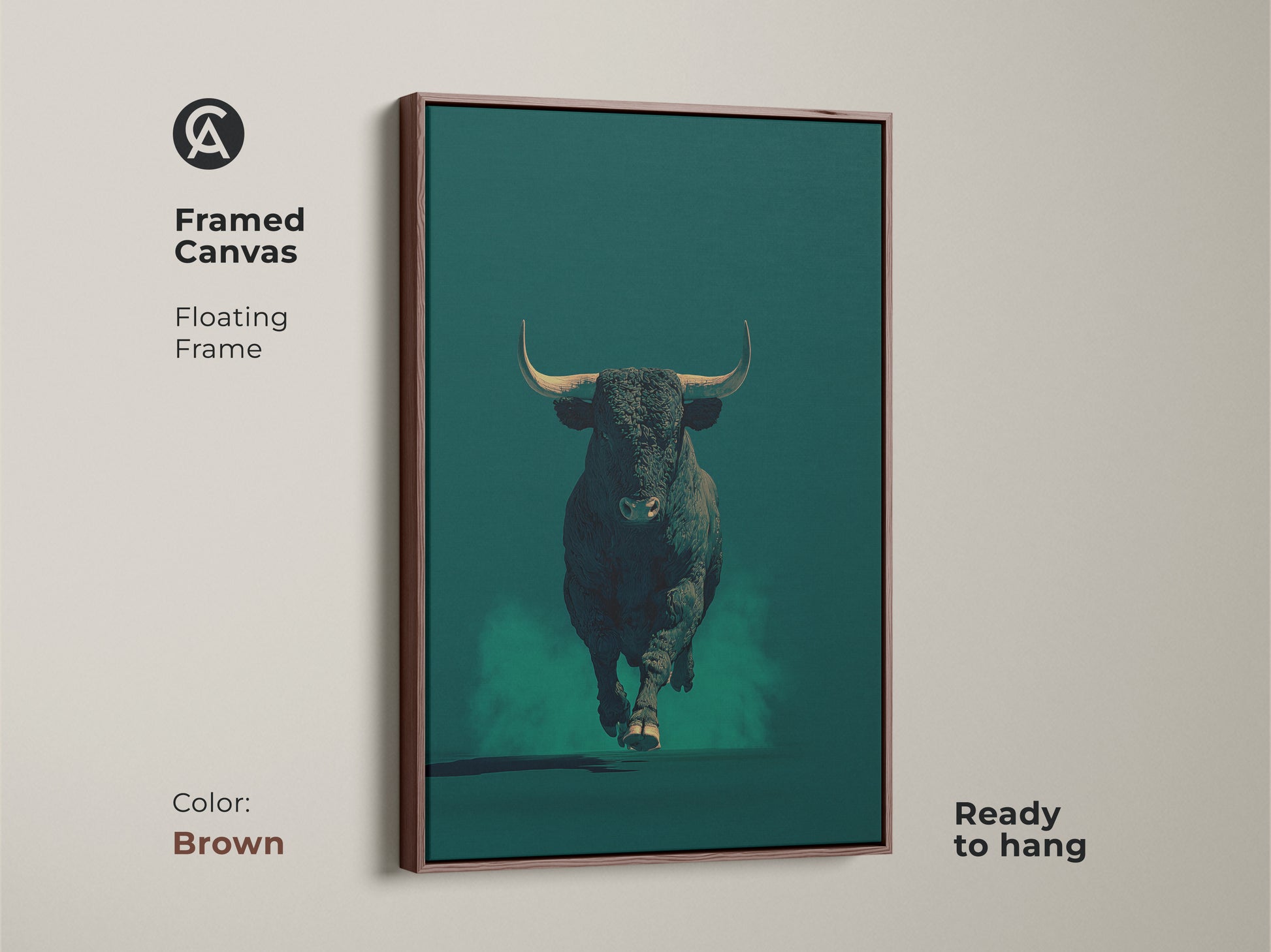Framed canvas showcasing a bull in dark teal with a brown floating frame. This modern animal artwork is ready to hang. Perfect for office wall decor. The brown frame adds a touch of warmth. It is ready to hang.