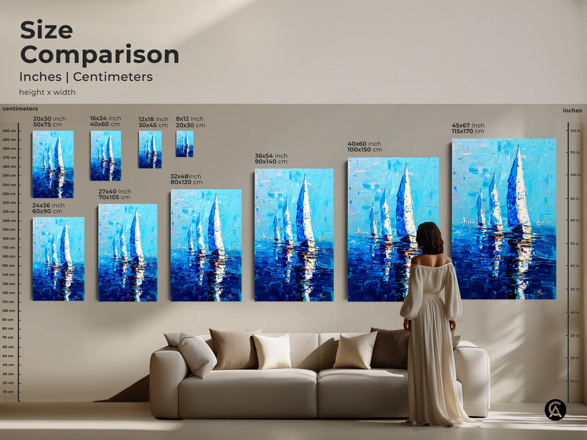 Size comparison of coastal sailboat art prints. See the scale of artwork in inches and centimeters. Artwork sizes range from small to large. Visualize how each piece fits above a sofa. Perfect for adding a deep blue ocean view to your living room. Enhance your home with nautical wall decor today.