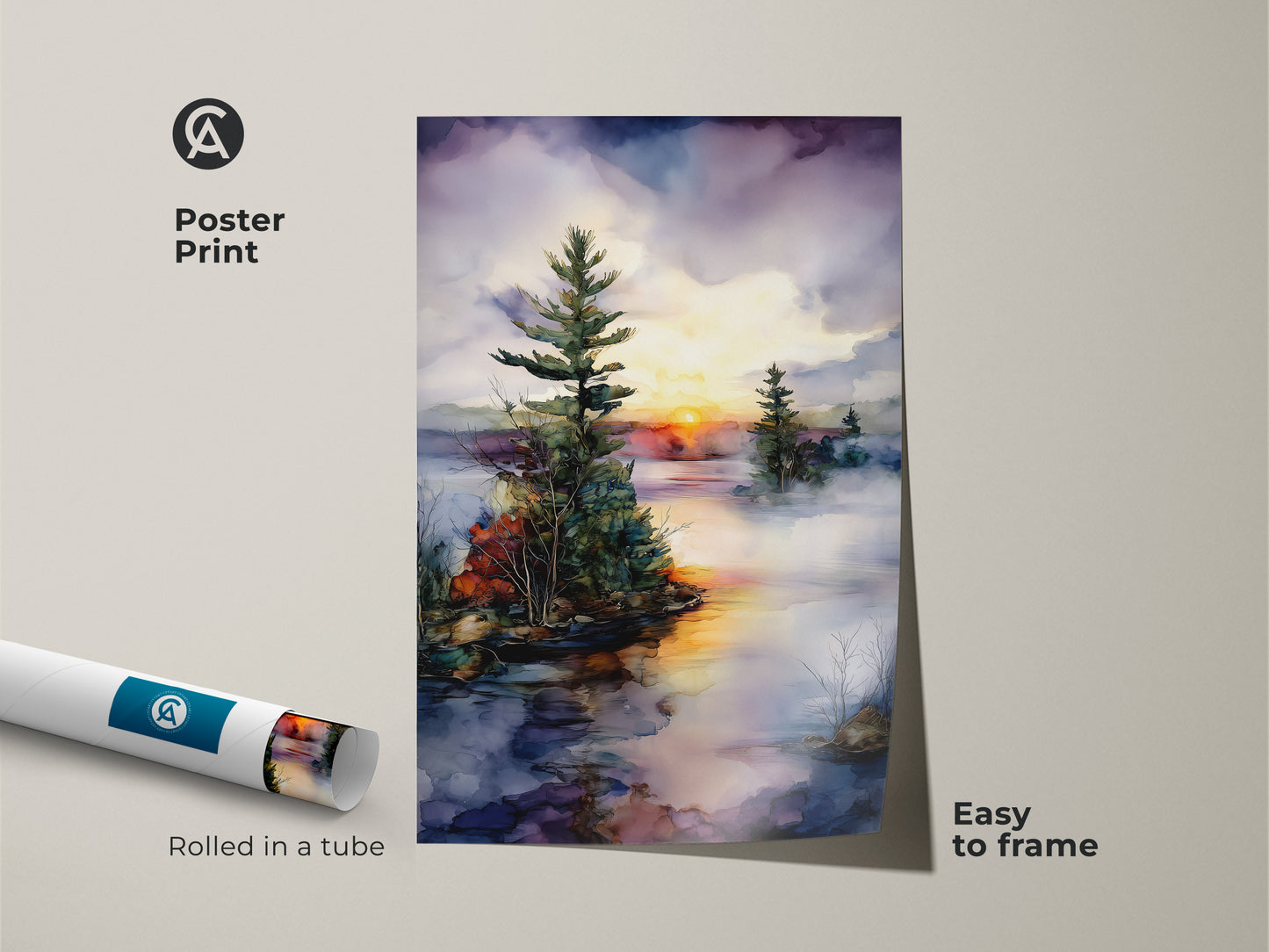 Easily frame this watercolor landscape poster print showcasing a pine tree on a misty lake at sunset. The orange yellow purple art adds rustic charm. Perfect nature inspired artwork for any room.