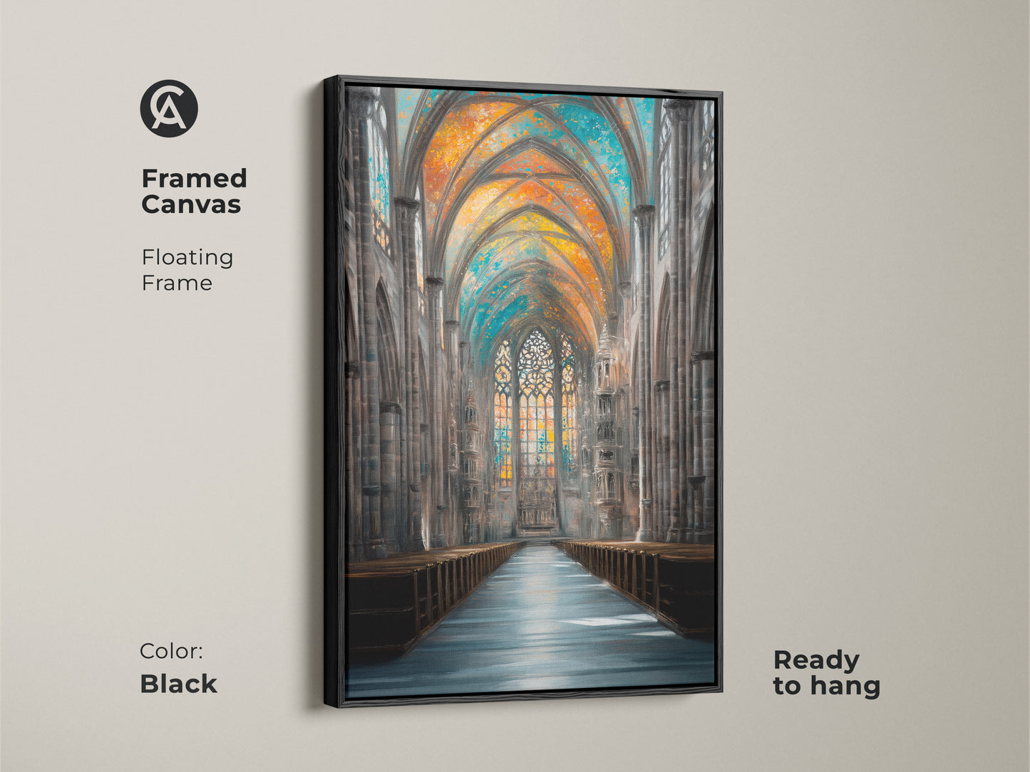 This framed canvas features an awe-inspiring Gothic cathedral interior artwork. The floating frame in black enhances this art print. This ready-to-hang art piece captures stained glass windows in orange blue and teal. Add a touch of historical grandeur to any space.
