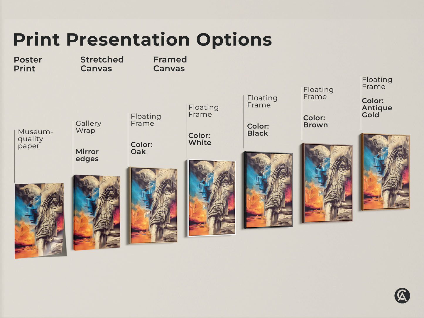 Print Presentation Options. Displaying a surreal elephant canvas art of a gallery wrap on museum quality paper with mirror edges. Framed canvas featuring Oak White Black Brown and Antique Gold Floating Frames. Abstract geometric art. Fine art elephant print.