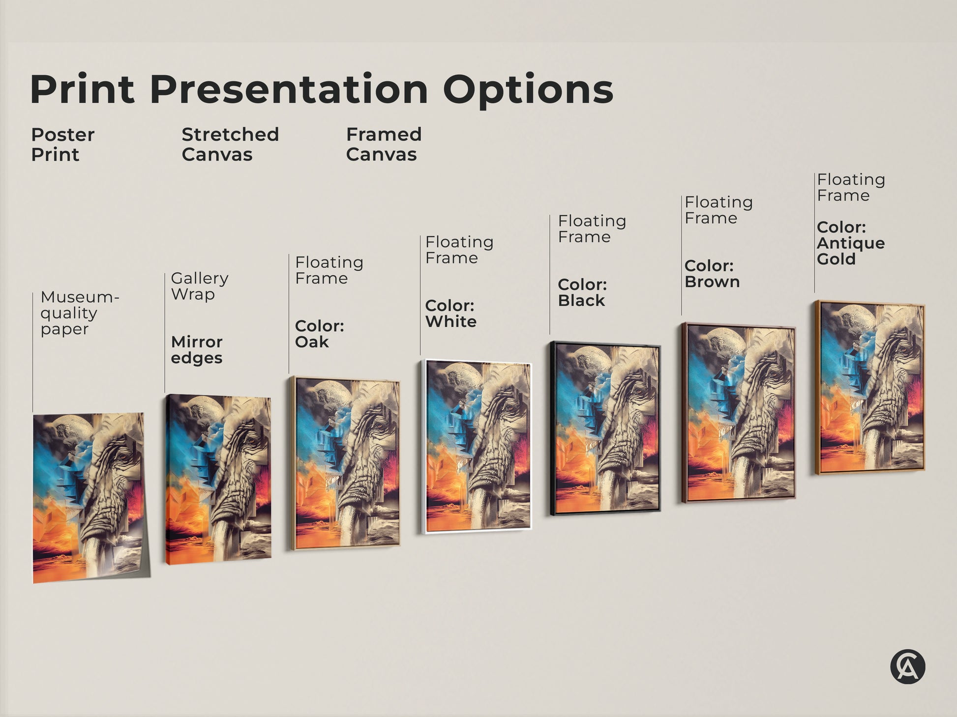 Print Presentation Options. Displaying a surreal elephant canvas art of a gallery wrap on museum quality paper with mirror edges. Framed canvas featuring Oak White Black Brown and Antique Gold Floating Frames. Abstract geometric art. Fine art elephant print.