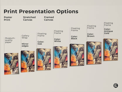 Print Presentation Options. Displaying a surreal elephant canvas art of a gallery wrap on museum quality paper with mirror edges. Framed canvas featuring Oak White Black Brown and Antique Gold Floating Frames. Abstract geometric art. Fine art elephant print.