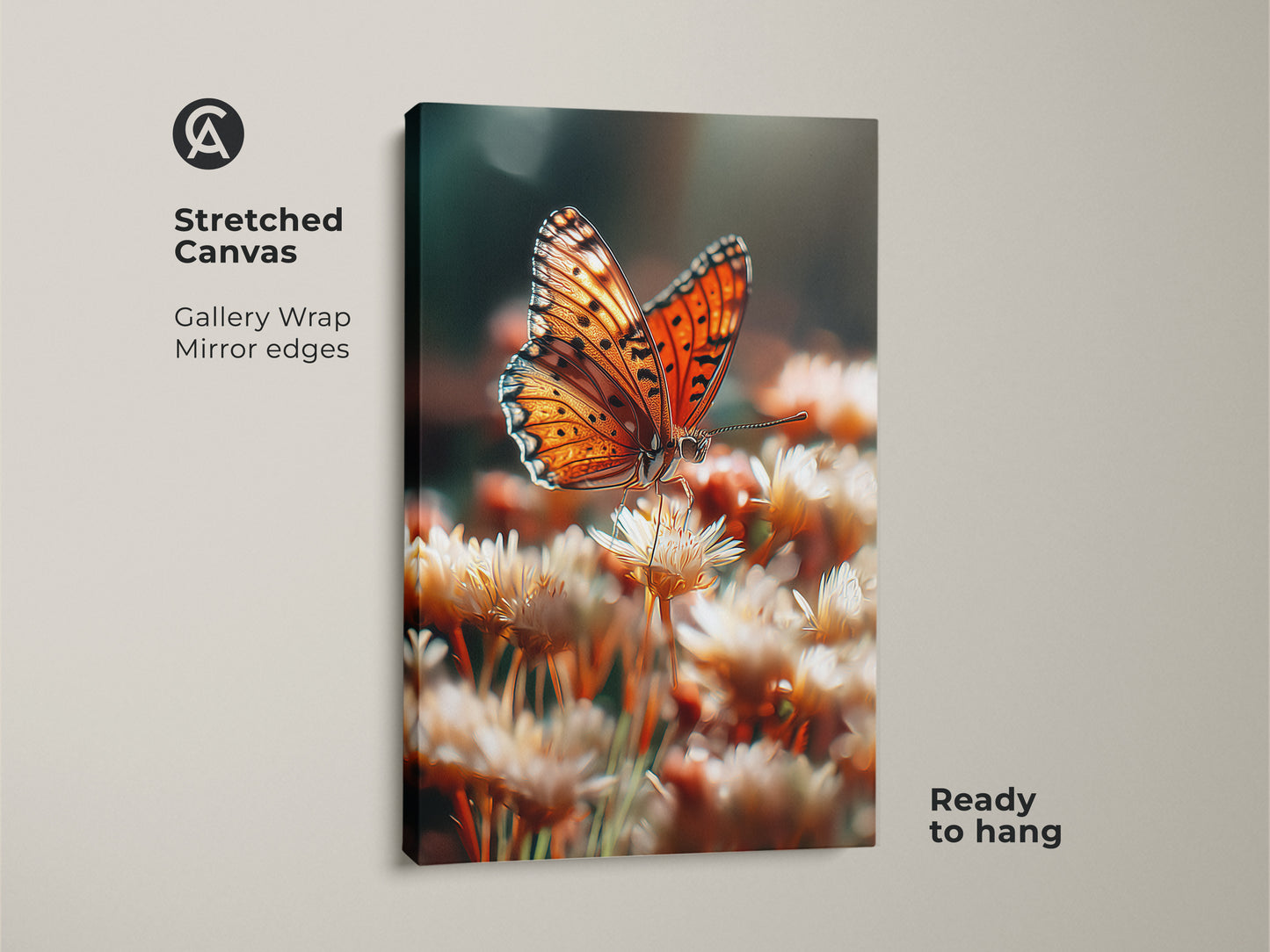 Stretched canvas print of a realistic orange butterfly. Gallery wrapped with mirrored edges for a clean look. Ready to hang this botanical butterfly artwork instantly enhances your home decor with nature's beauty.