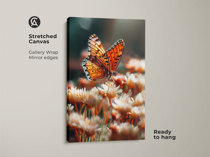 Stretched canvas print of a realistic orange butterfly. Gallery wrapped with mirrored edges for a clean look. Ready to hang this botanical butterfly artwork instantly enhances your home decor with nature's beauty.