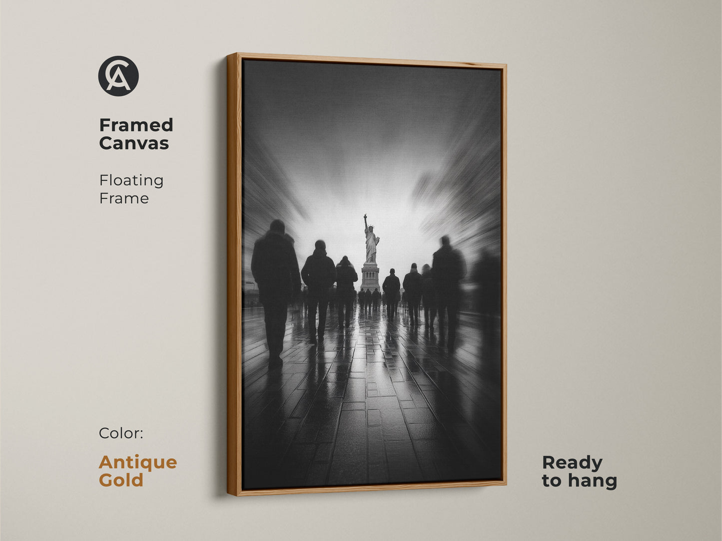 Brighten your space with this framed canvas art in antique gold. The Statue of Liberty takes center stage in this monochrome masterpiece. Silhouetted figures add depth and intrigue. The floating frame adds a touch of vintage elegance. Ready to hang.