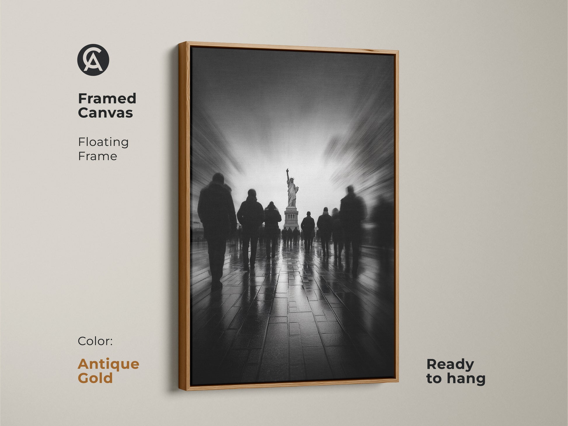 Brighten your space with this framed canvas art in antique gold. The Statue of Liberty takes center stage in this monochrome masterpiece. Silhouetted figures add depth and intrigue. The floating frame adds a touch of vintage elegance. Ready to hang.