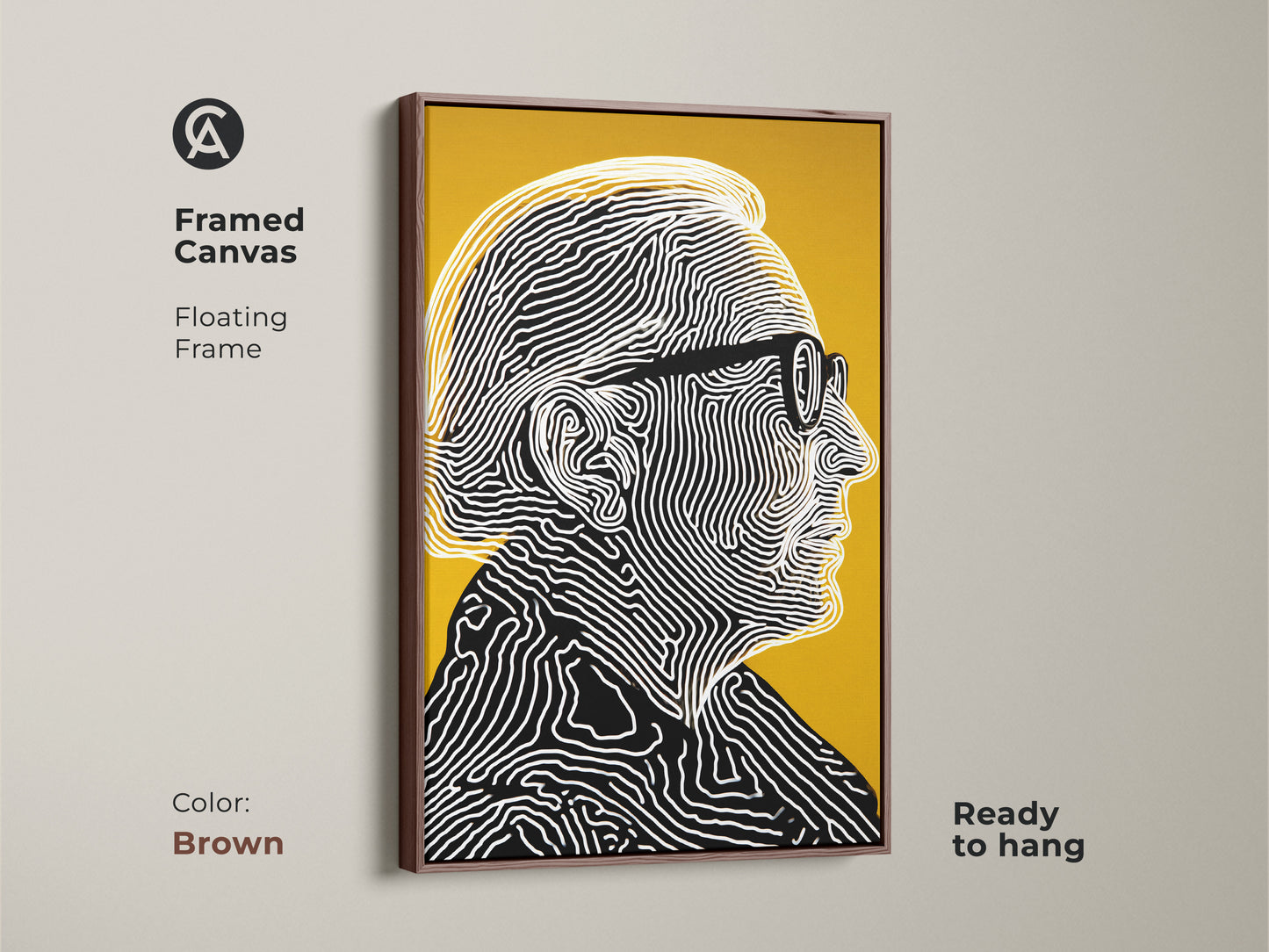 Framed canvas artwork displaying a portrait of a man with glasses. A brown floating frame complements the modern art. It features black and white line art on a yellow background. Ready to hang this artwork in your home.