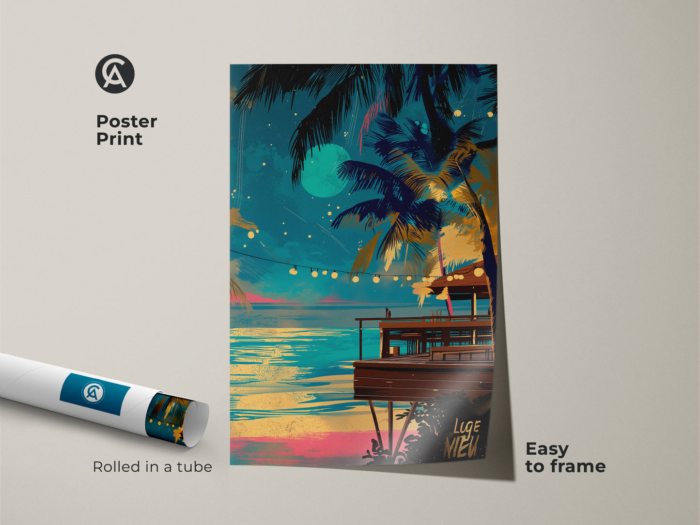 Framed canvas featuring tropical beach bar night scene artwork. A black floating frame enhances the teal blue and yellow aesthetic. This boho coastal wall decor is ready to hang. It brings a serene ocean view to any room. Ideal as a housewarming gift. The palm tree artwork adds a touch of vacation vibe.