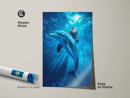 Poster print featuring a man swimming with a dolphin underwater. Rolled in a tube for easy framing this fantasy artwork adds an aquatic touch. The blue deep sea wall decor is a unique ocean lover's gift.