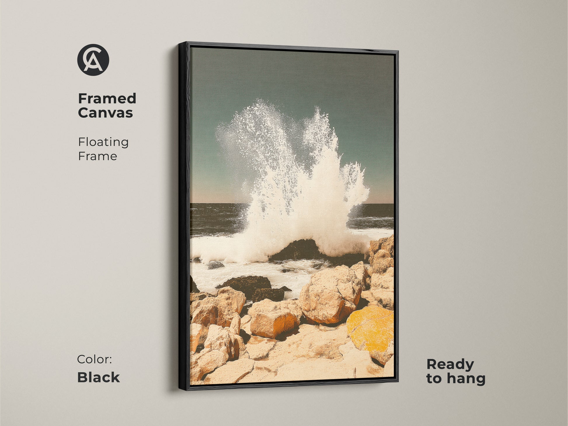 Framed canvas in black featuring teal ocean wave art. This coastal seascape wall art captures a crashing wave on a rocky shore. It is ready to hang in any room. The beach house canvas art adds coastal living charm offering serene power.