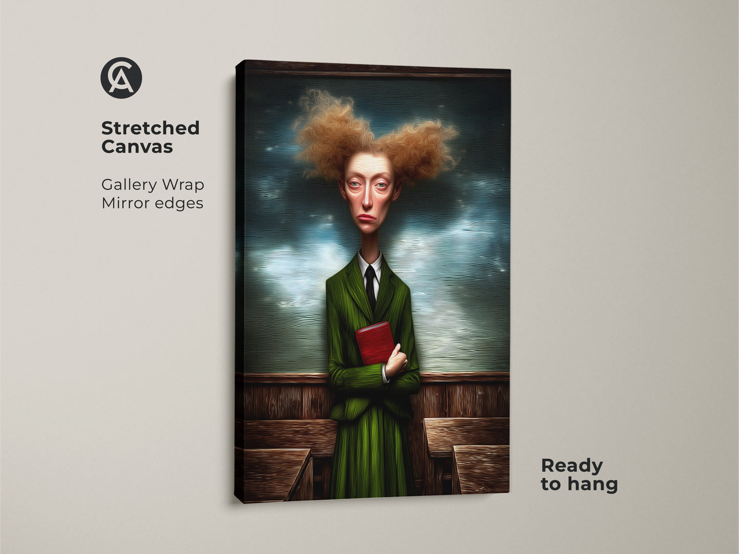 A stretched canvas art print shows a surreal woman portrait. She is wearing a green suit and holding a red book. This quirky figurative wall art is ready to hang. It brings an eclectic style to any study or office. The mirror edges enhance the artwork's unique presence. It's a distinctive office artwork.