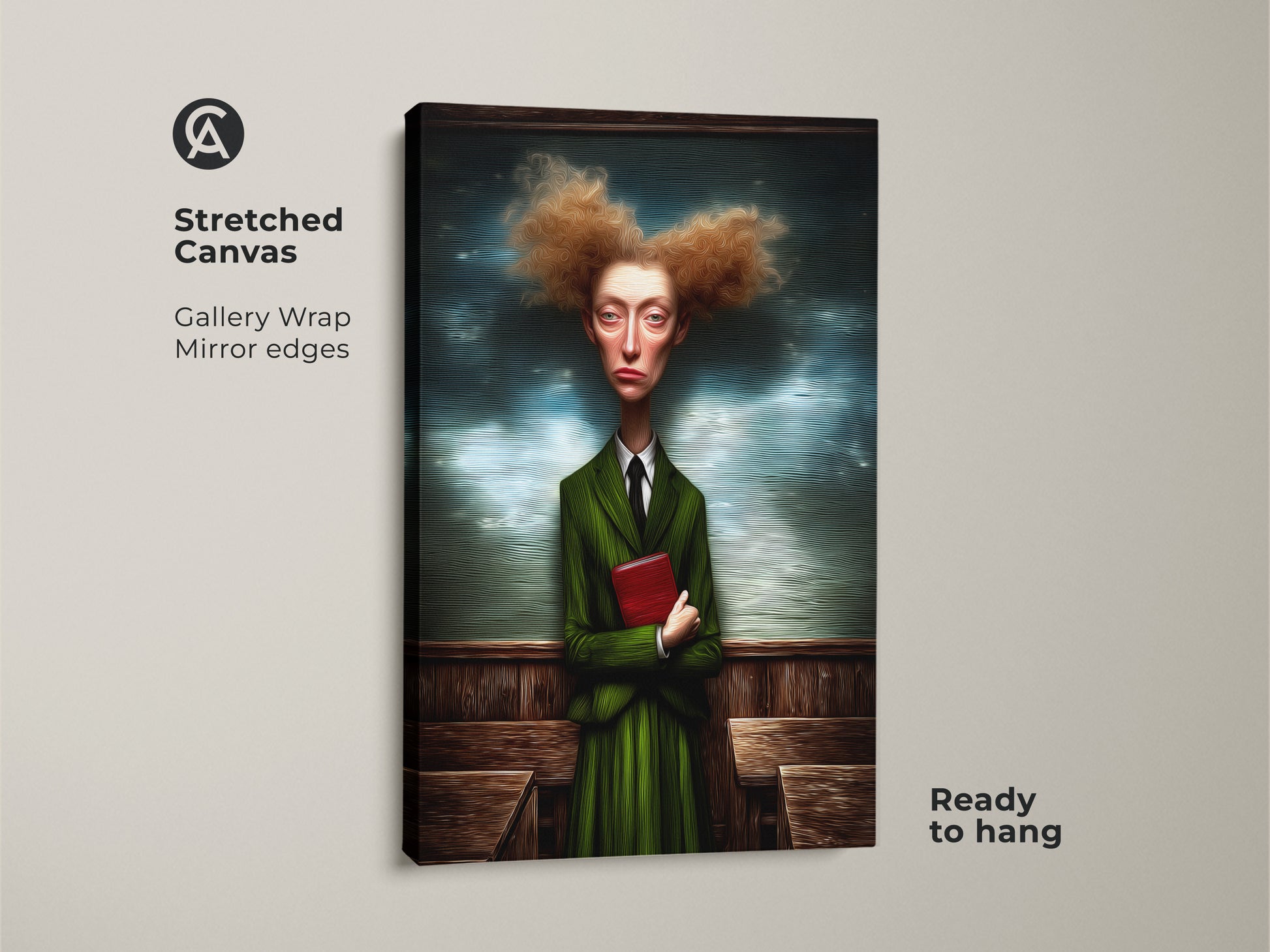 A stretched canvas art print shows a surreal woman portrait. She is wearing a green suit and holding a red book. This quirky figurative wall art is ready to hang. It brings an eclectic style to any study or office. The mirror edges enhance the artwork's unique presence. It's a distinctive office artwork.