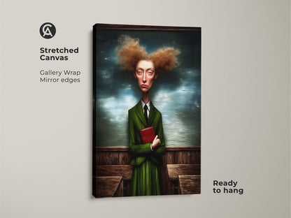 A stretched canvas art print shows a surreal woman portrait. She is wearing a green suit and holding a red book. This quirky figurative wall art is ready to hang. It brings an eclectic style to any study or office. The mirror edges enhance the artwork's unique presence. It's a distinctive office artwork.