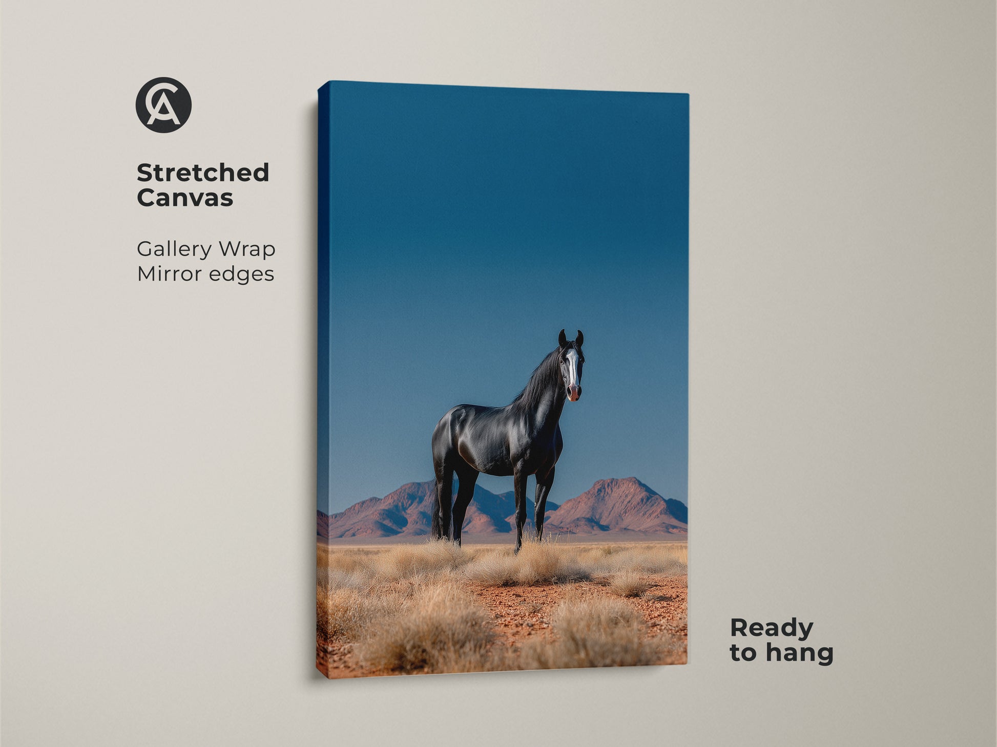 Stretched canvas gallery wrap of a majestic black horse in a desert setting. This ready-to-hang wildlife art print brings nature's beauty to your home. Ideal for modern farmhouse decor. The mirror edges add a contemporary touch.