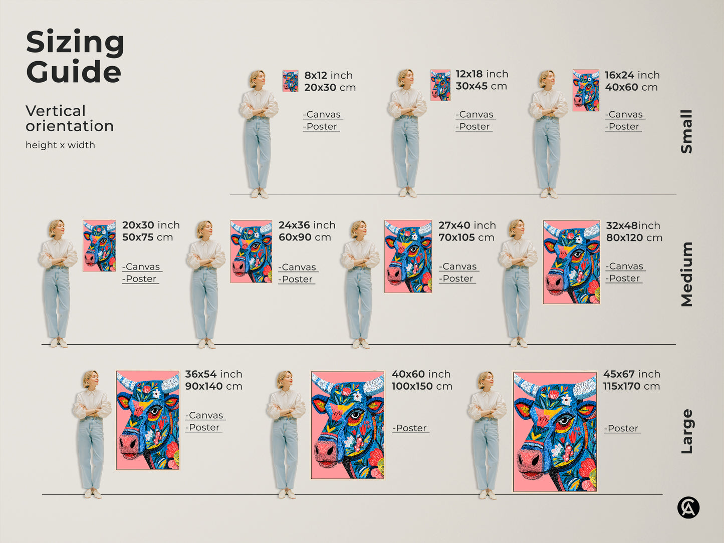Sizing guide for a vertical floral bull artwork. Available in small medium and large sizes. Choose from canvas or poster print options. Find the perfect size and format to complement your space. Shop now for unique animal art prints online.