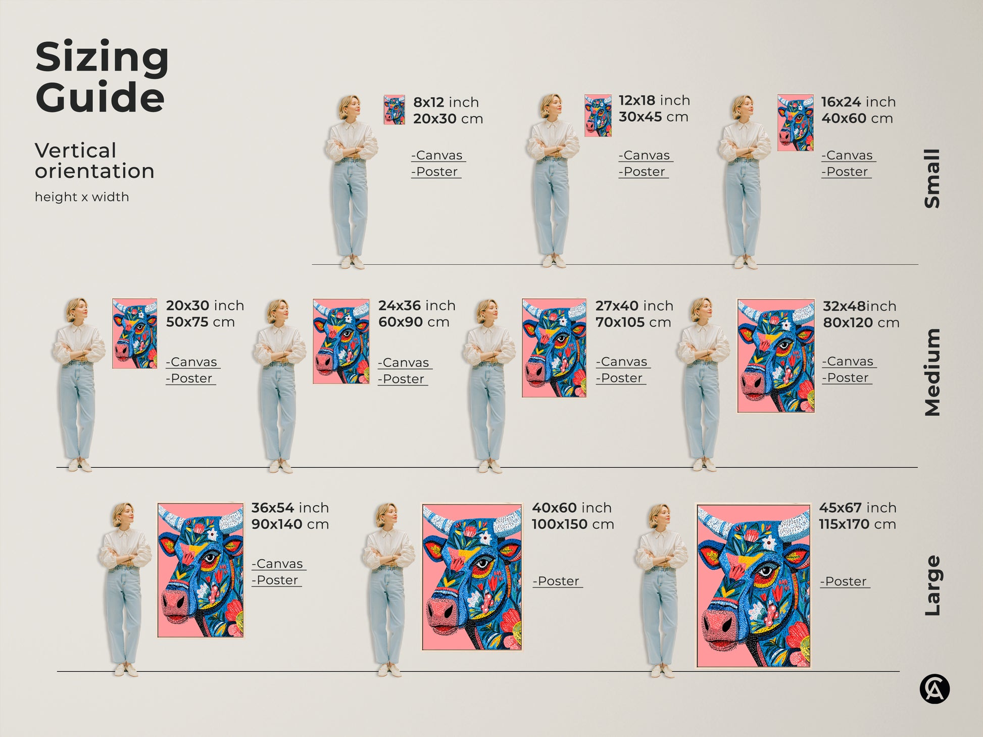 Sizing guide for a vertical floral bull artwork. Available in small medium and large sizes. Choose from canvas or poster print options. Find the perfect size and format to complement your space. Shop now for unique animal art prints online.