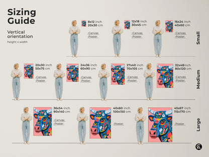 Sizing guide for a vertical floral bull artwork. Available in small medium and large sizes. Choose from canvas or poster print options. Find the perfect size and format to complement your space. Shop now for unique animal art prints online.