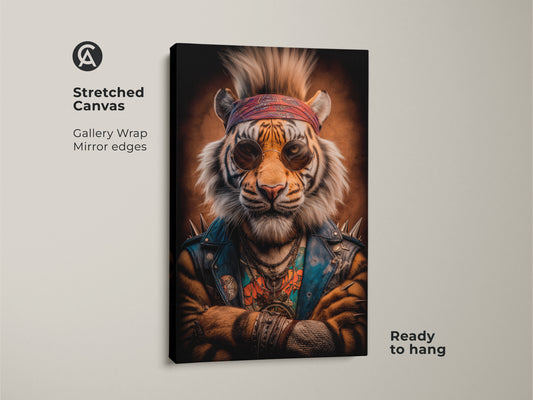 Stretched canvas rockstar tiger art print. Urban style artwork brings a retro edge to any room. The gallery wrapped canvas has mirror edges for a clean modern look. This orange and blue eclectic wall art is ready to hang and perfect for a man cave or music lover's space.