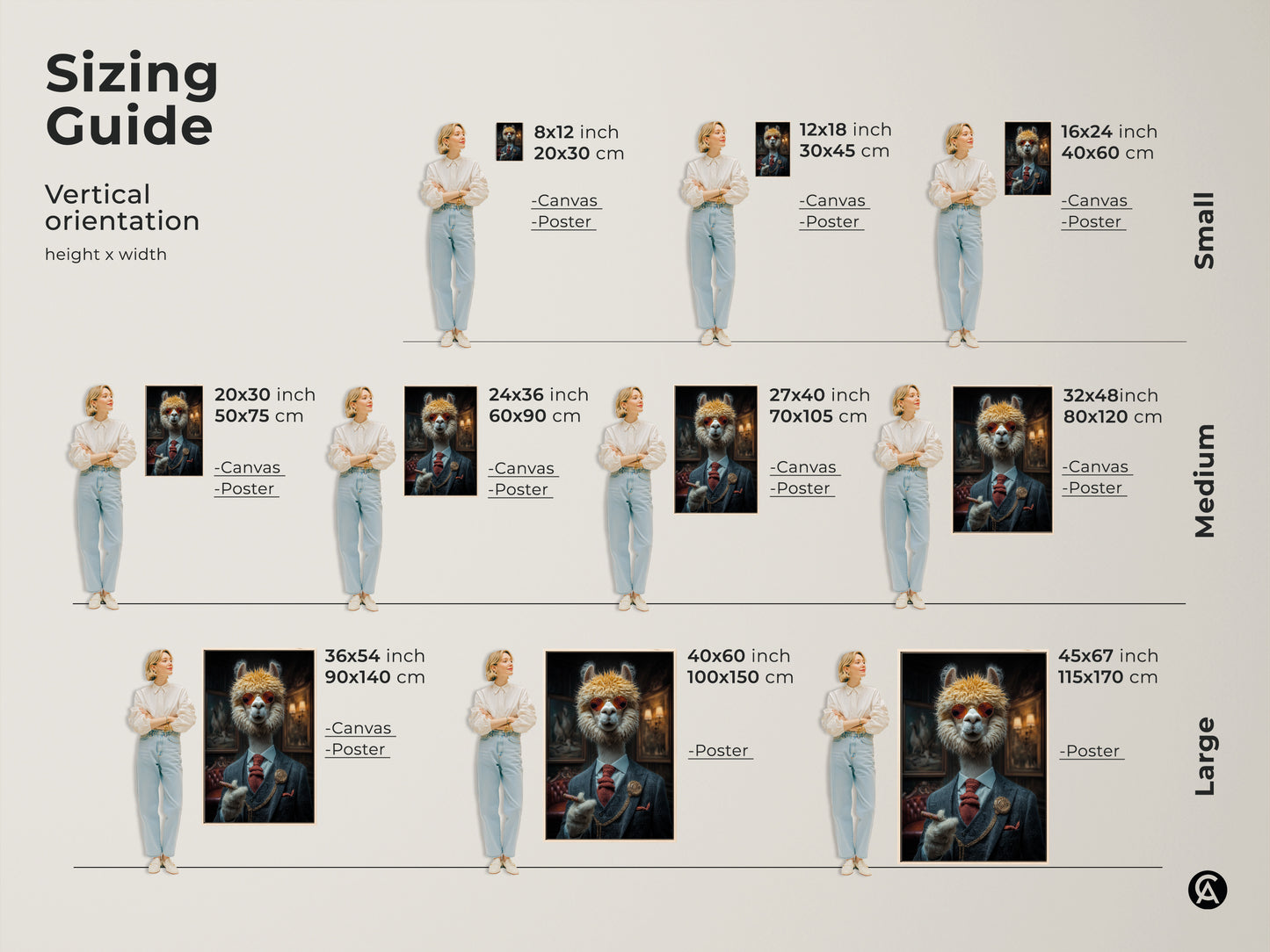 Sizing guide for the dapper alpaca art print. Visualize different sizes for canvas and poster options. Find the perfect fit for your space with this gentleman in a suit portrait.