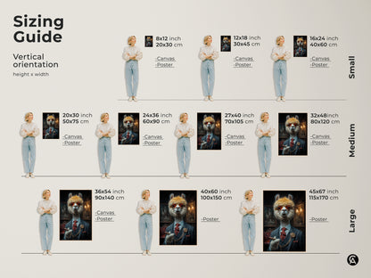 Sizing guide for the dapper alpaca art print. Visualize different sizes for canvas and poster options. Find the perfect fit for your space with this gentleman in a suit portrait.