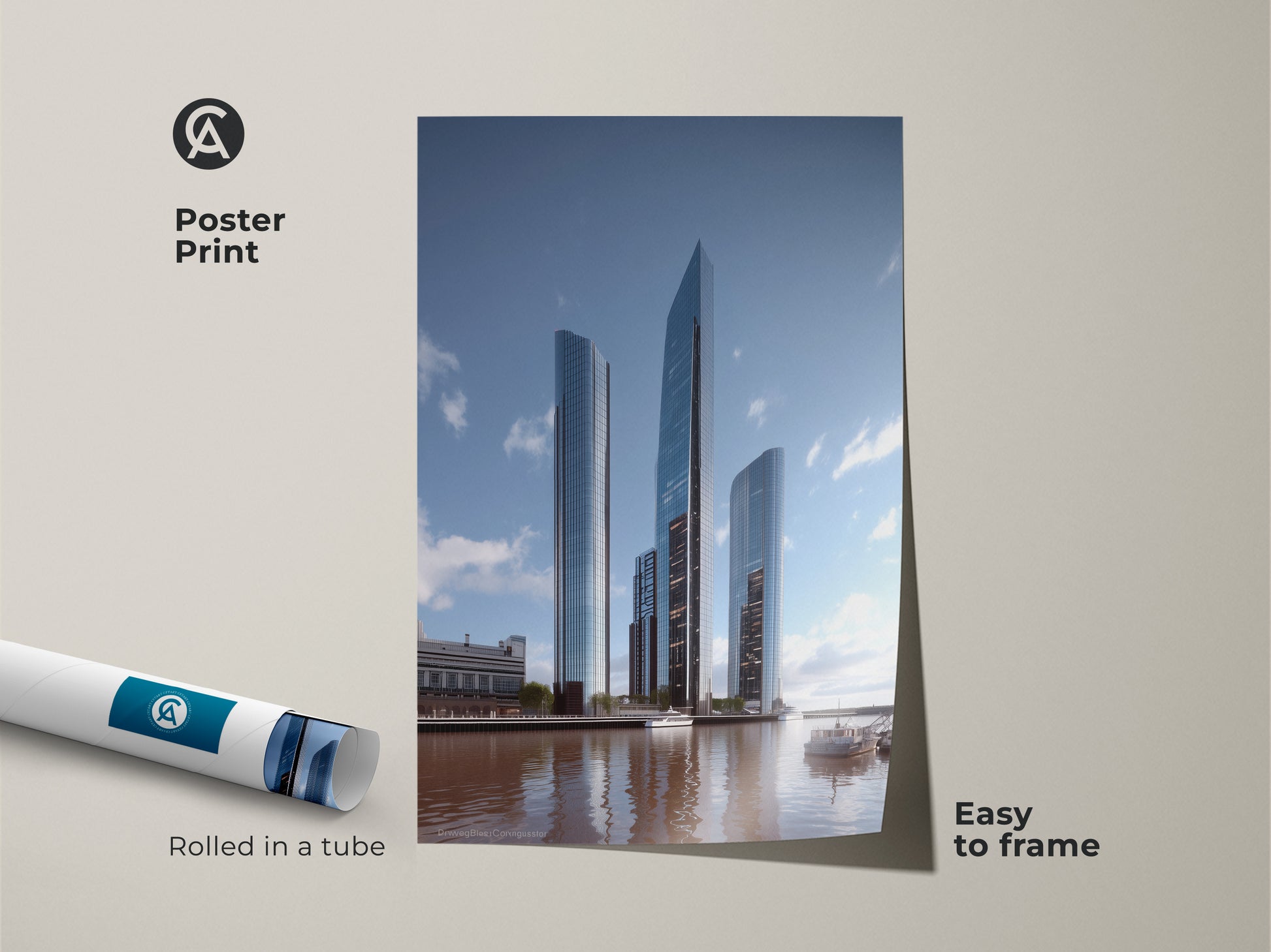 Poster print showing a modern abstract cityscape wall hanging rolled in a tube. Easy to frame for contemporary spaces or a new home gift. Steel blue and gray tones bring minimalist city artwork to life with its architectural focus.