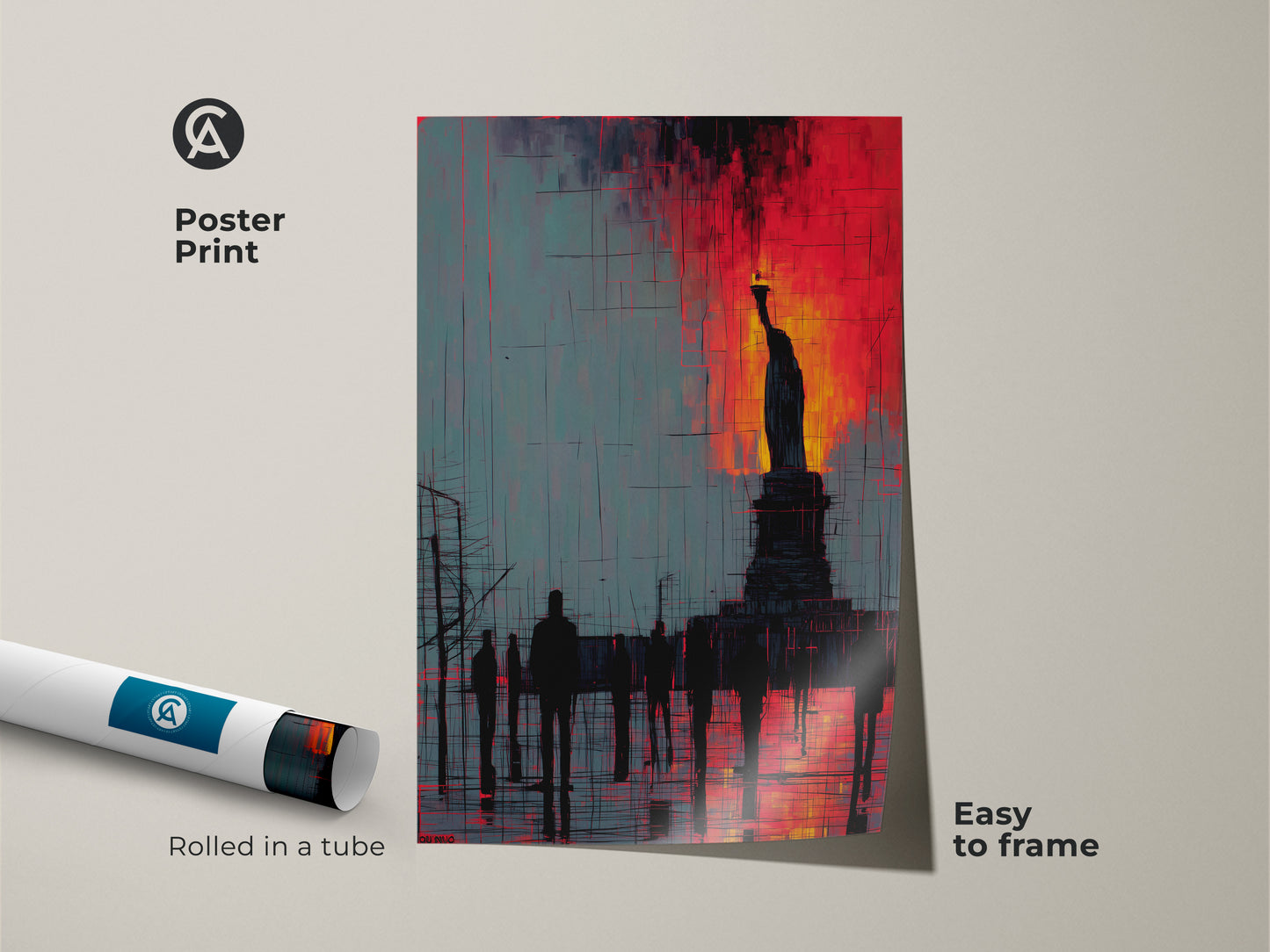 Poster print featuring an abstract Statue of Liberty. The cityscape artwork arrives rolled in a tube ready to frame. Crimson and teal colors provide a contemporary aesthetic. It's easy to frame.