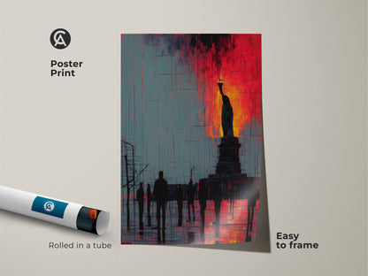 Poster print featuring an abstract Statue of Liberty. The cityscape artwork arrives rolled in a tube ready to frame. Crimson and teal colors provide a contemporary aesthetic. It's easy to frame.