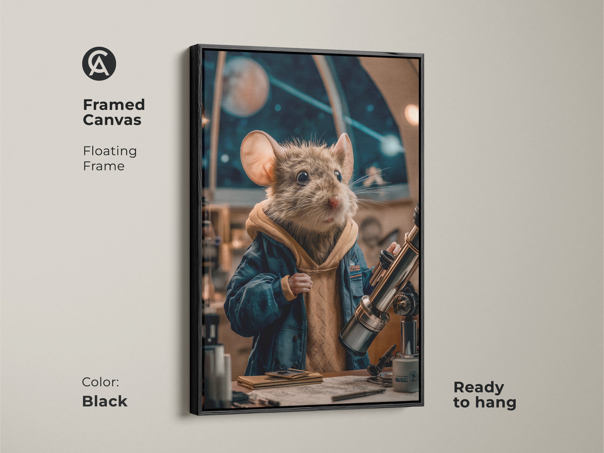 The framed canvas in black features a mouse astronomer. It is ready to hang as unique wall art. This telescope wall hanging uses a navy and brown color palette. The canvas is a whimsical gift idea for dark academia art.