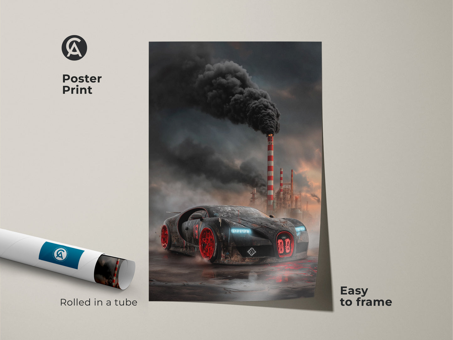 A poster print features cyberpunk supercar art. The dark industrial car print shows a black and red vehicle with smokestacks. Rolled in a tube for easy framing. Ideal automotive office art or garage man cave artwork. The futuristic supercar poster adds an edgy touch. A cool gift for car enthusiasts.