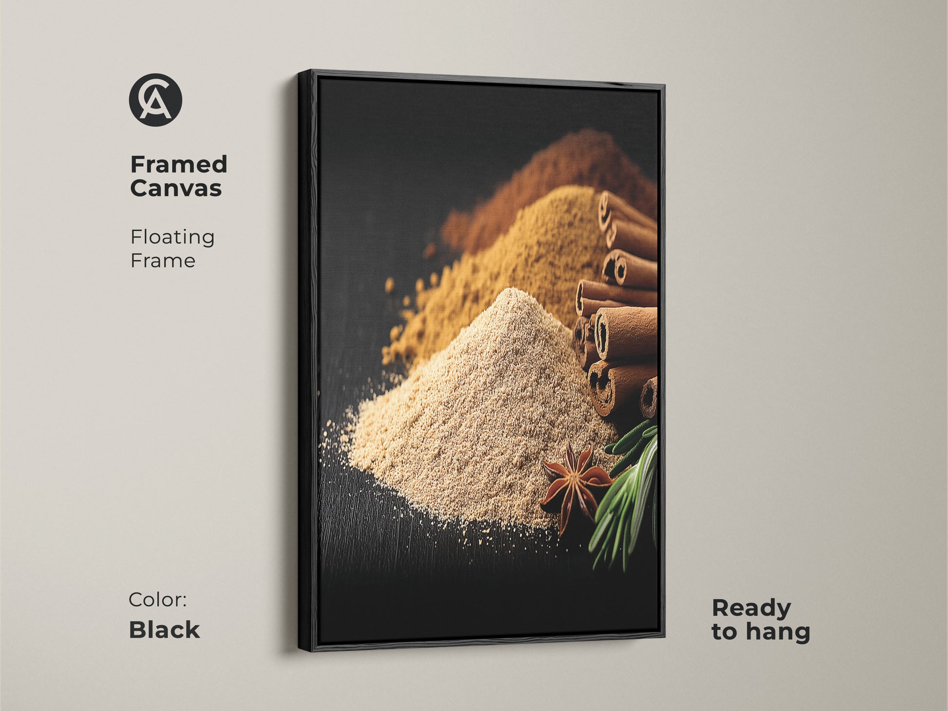Framed Canvas of Spice Art featuring a floating frame. The black frame beautifully highlights the cinnamon sticks star anise and ground spices. This tan brown artwork brings a modern farmhouse style to any kitchen or dining room. It's a ready to hang gift for baking enthusiasts.