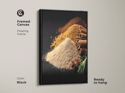 Framed Canvas of Spice Art featuring a floating frame. The black frame beautifully highlights the cinnamon sticks star anise and ground spices. This tan brown artwork brings a modern farmhouse style to any kitchen or dining room. It's a ready to hang gift for baking enthusiasts.