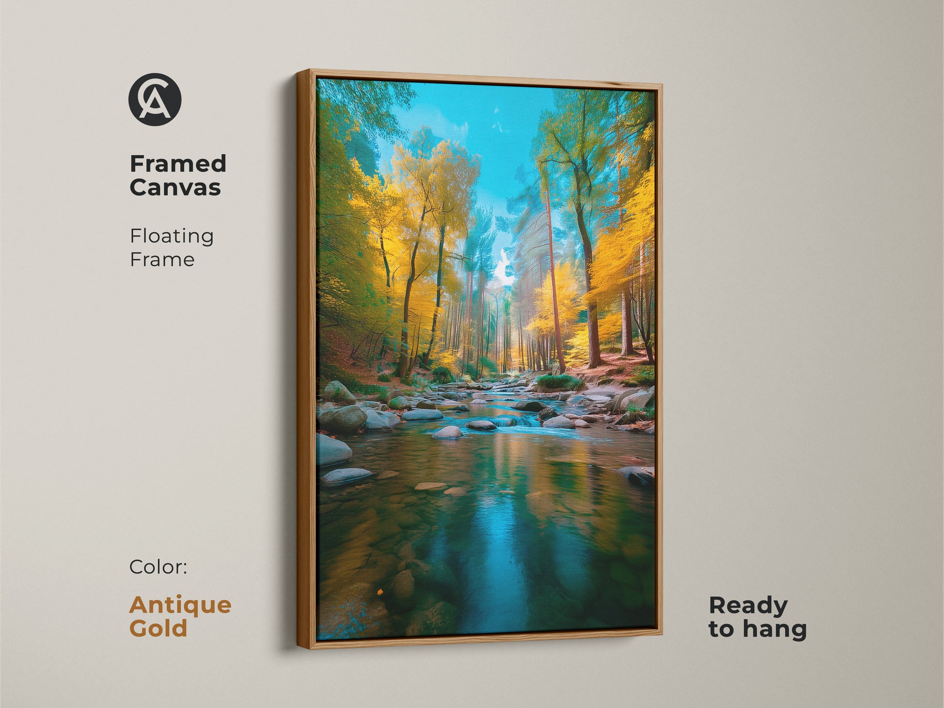 Framed canvas artwork in an antique gold floating frame showcasing a vibrant autumn forest river. Ready to hang this canvas art brings a touch of elegance to your home. Perfect for nature enthusiasts.