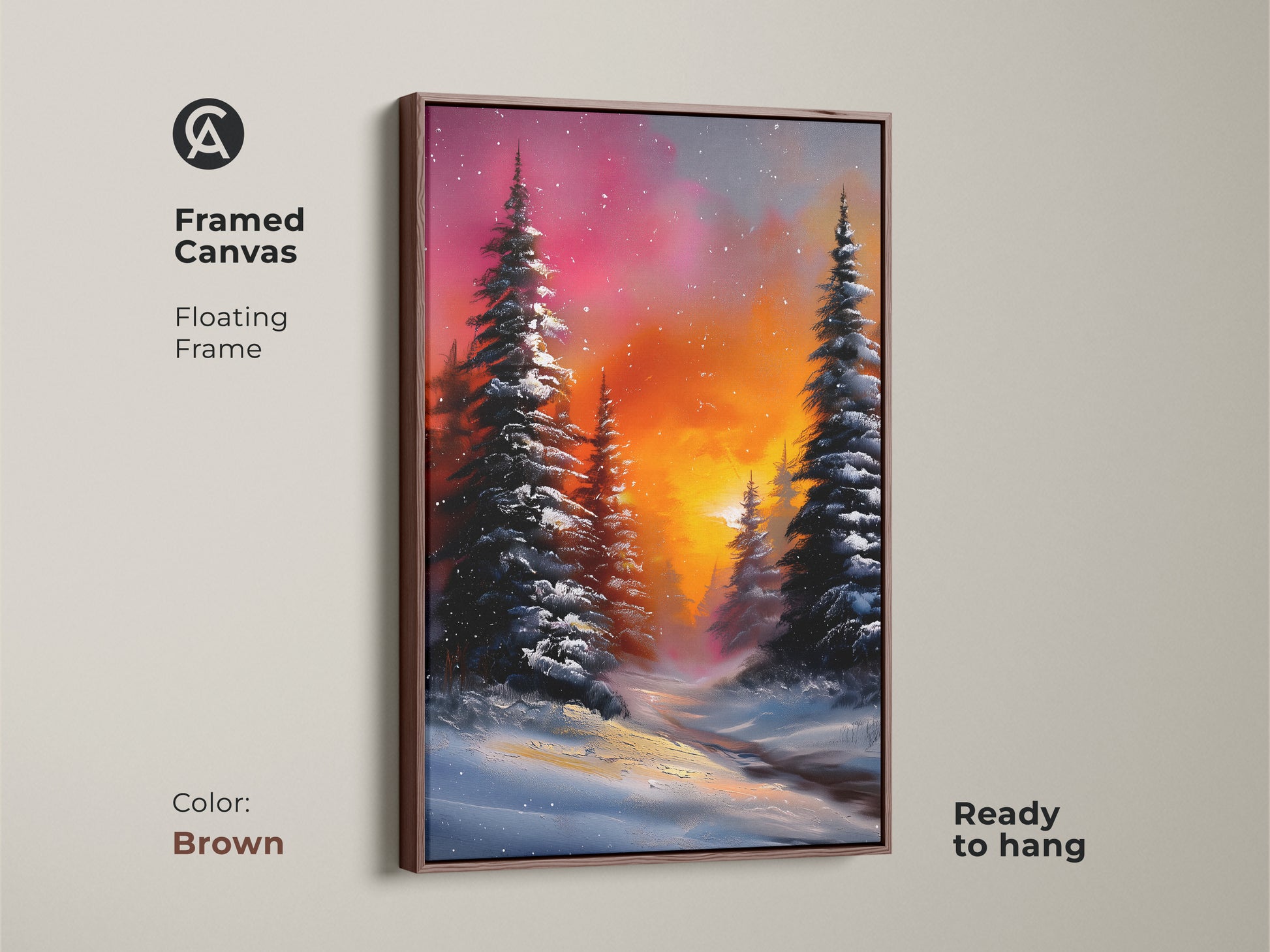 Framed canvas print with a brown floating frame. Features a snowy pine forest artwork and is ready to hang. The rustic oil painting captures an orange and pink sunset sky. It's an ideal cabin lodge wall art.