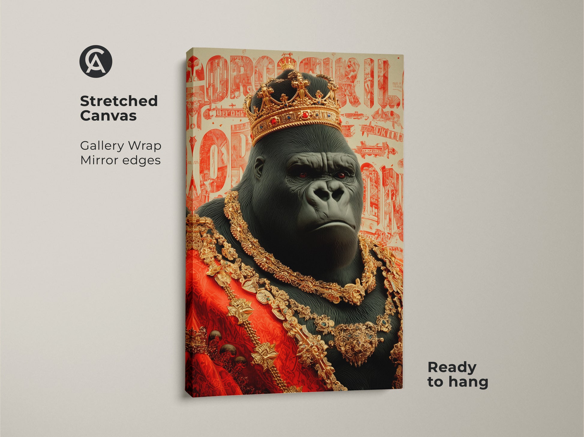 Stretched canvas print of a majestic gorilla king. The gallery wrap presents the ornate animal artwork with mirror edges. This black and gold art piece is ready to hang. This regal gorilla canvas print makes a luxurious eclectic home decor statement.