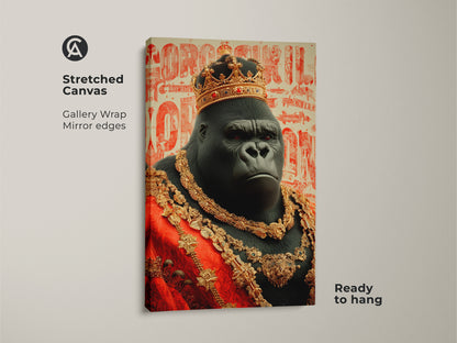 Stretched canvas print of a majestic gorilla king. The gallery wrap presents the ornate animal artwork with mirror edges. This black and gold art piece is ready to hang. This regal gorilla canvas print makes a luxurious eclectic home decor statement.