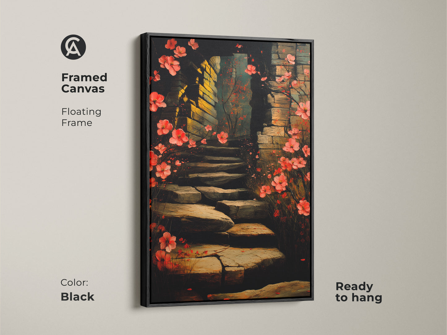 Framed canvas of a botanical archway art print. The floating frame enhances the red and pink floral stairway. A romantic boho decor piece ready to hang in a black frame. A perfect blend of nature inspired art and elegant style.