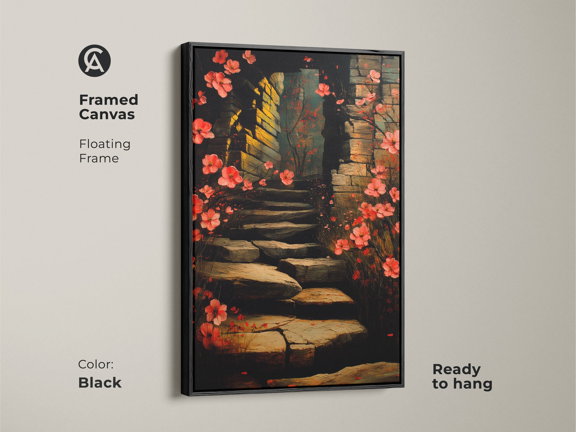 Framed canvas of a botanical archway art print. The floating frame enhances the red and pink floral stairway. A romantic boho decor piece ready to hang in a black frame. A perfect blend of nature inspired art and elegant style.