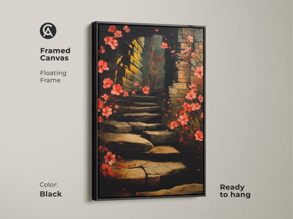 Framed canvas of a botanical archway art print. The floating frame enhances the red and pink floral stairway. A romantic boho decor piece ready to hang in a black frame. A perfect blend of nature inspired art and elegant style.