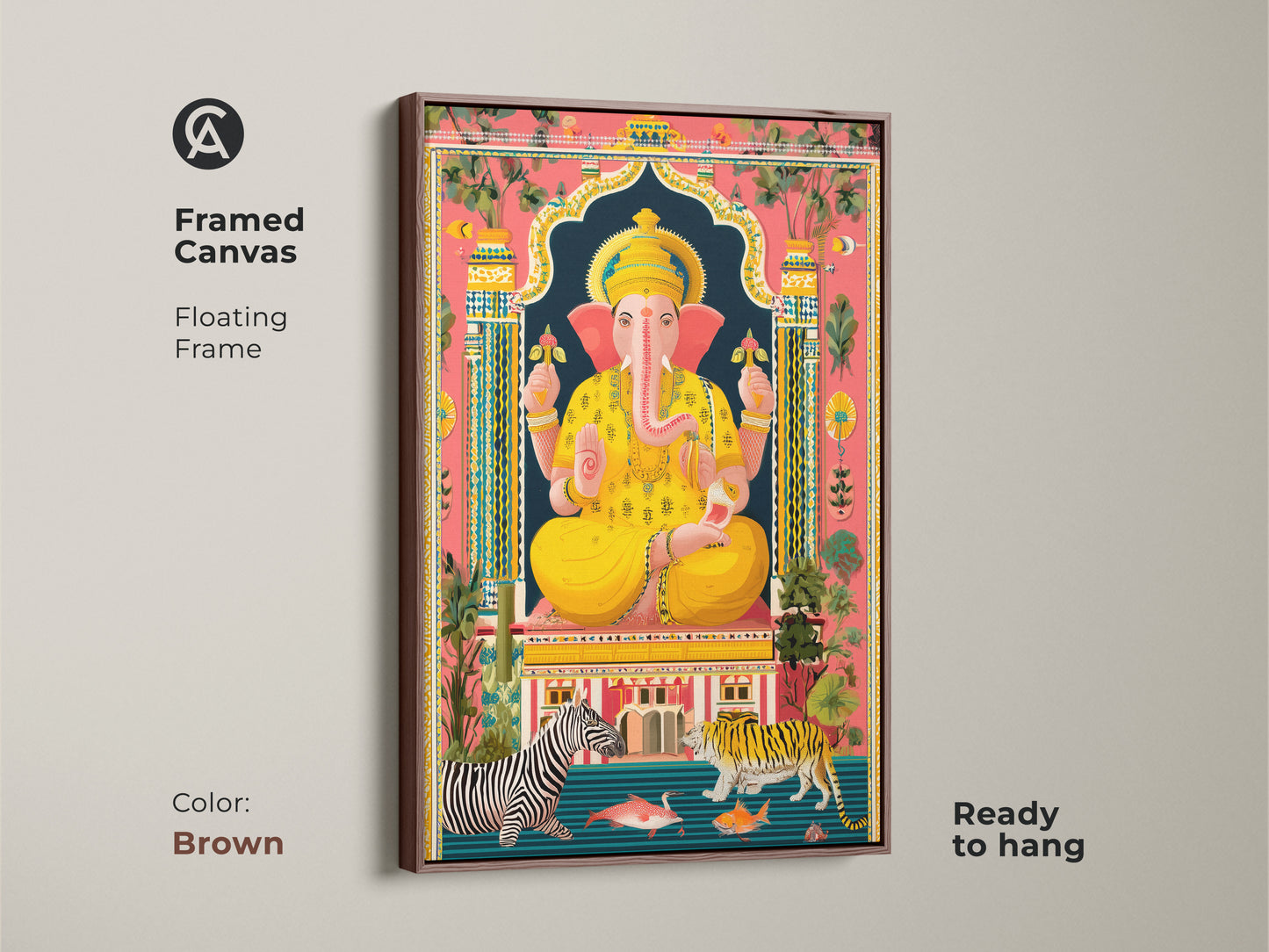 Framed Canvas with brown floating frame Spiritual Ganesha. It features a blend of Boho Folk art style. The artwork incorporates elements like tigers zebras adding a worldly charm. Perfect as housewarming gift religious home decor