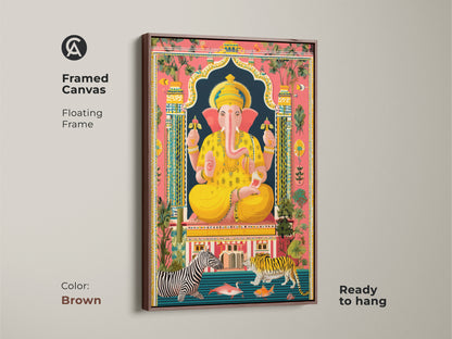 Framed Canvas with brown floating frame Spiritual Ganesha. It features a blend of Boho Folk art style. The artwork incorporates elements like tigers zebras adding a worldly charm. Perfect as housewarming gift religious home decor