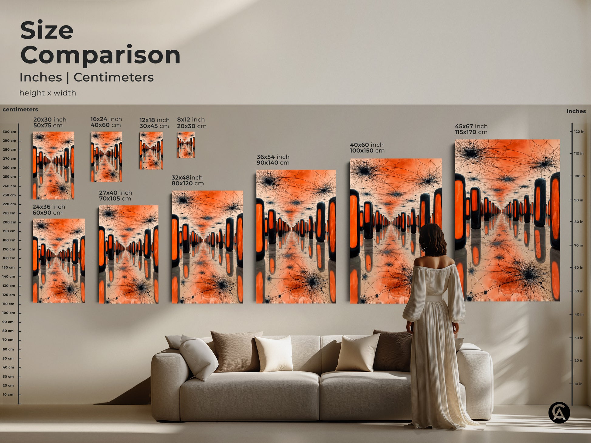 Size comparison of geometric surreal art prints in inches and centimeters. A model stands next to various sizes in a room setting. See the impact of this abstract artwork on your living space wall.
