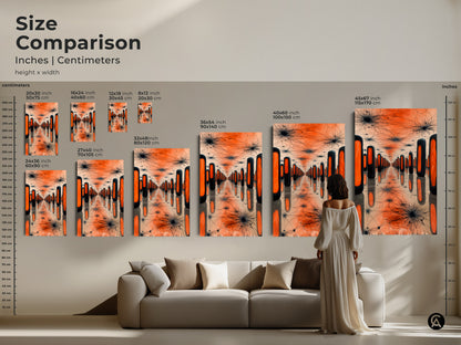 Size comparison of geometric surreal art prints in inches and centimeters. A model stands next to various sizes in a room setting. See the impact of this abstract artwork on your living space wall.