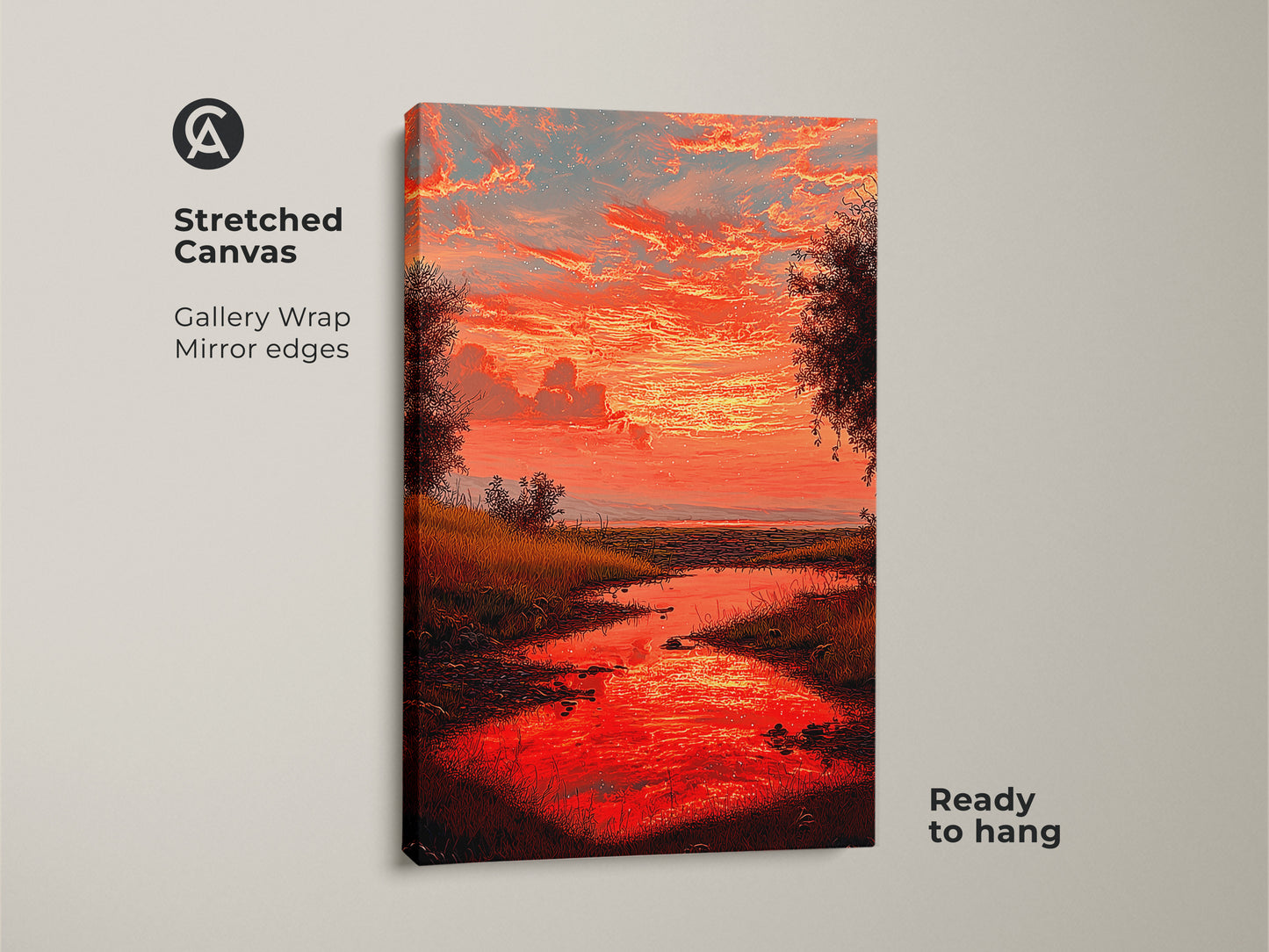Stretched canvas showcasing a striking red sunset river landscape. This gallery-wrapped artwork with mirrored edges is ready to hang. It's an ideal piece for adding a touch of nature to your home decor. The vibrant sky and serene river create a captivating focal point.