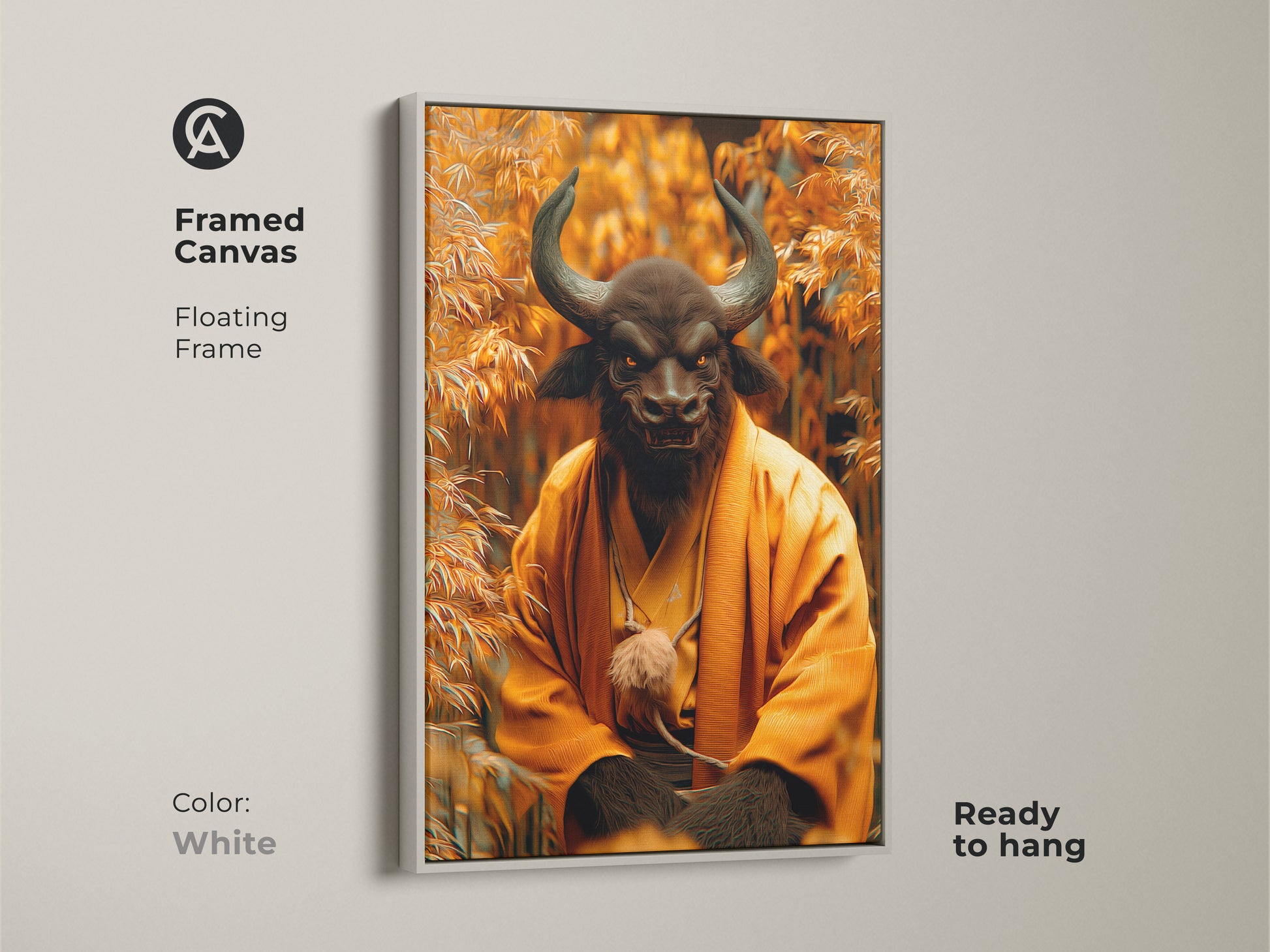 Framed Canvas artwork showing a Minotaur Monk in a floating frame. The white frame offers a clean and modern look. This piece is ready to hang. The fusion of mythology and tranquility makes this artwork a unique and inspiring addition. It will brighten your home.