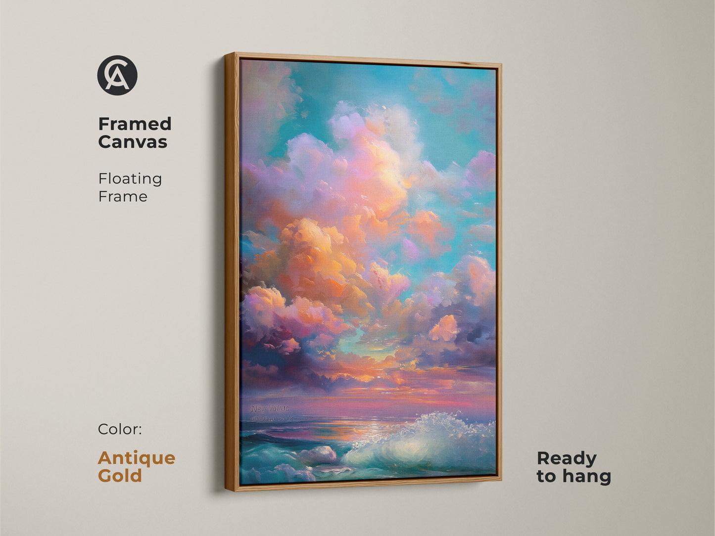 Antique gold framed canvas print of an impressionistic ocean wave artwork. The serene bedroom art features teal orange and purple colors. This sunset sky canvas art is ready to hang.