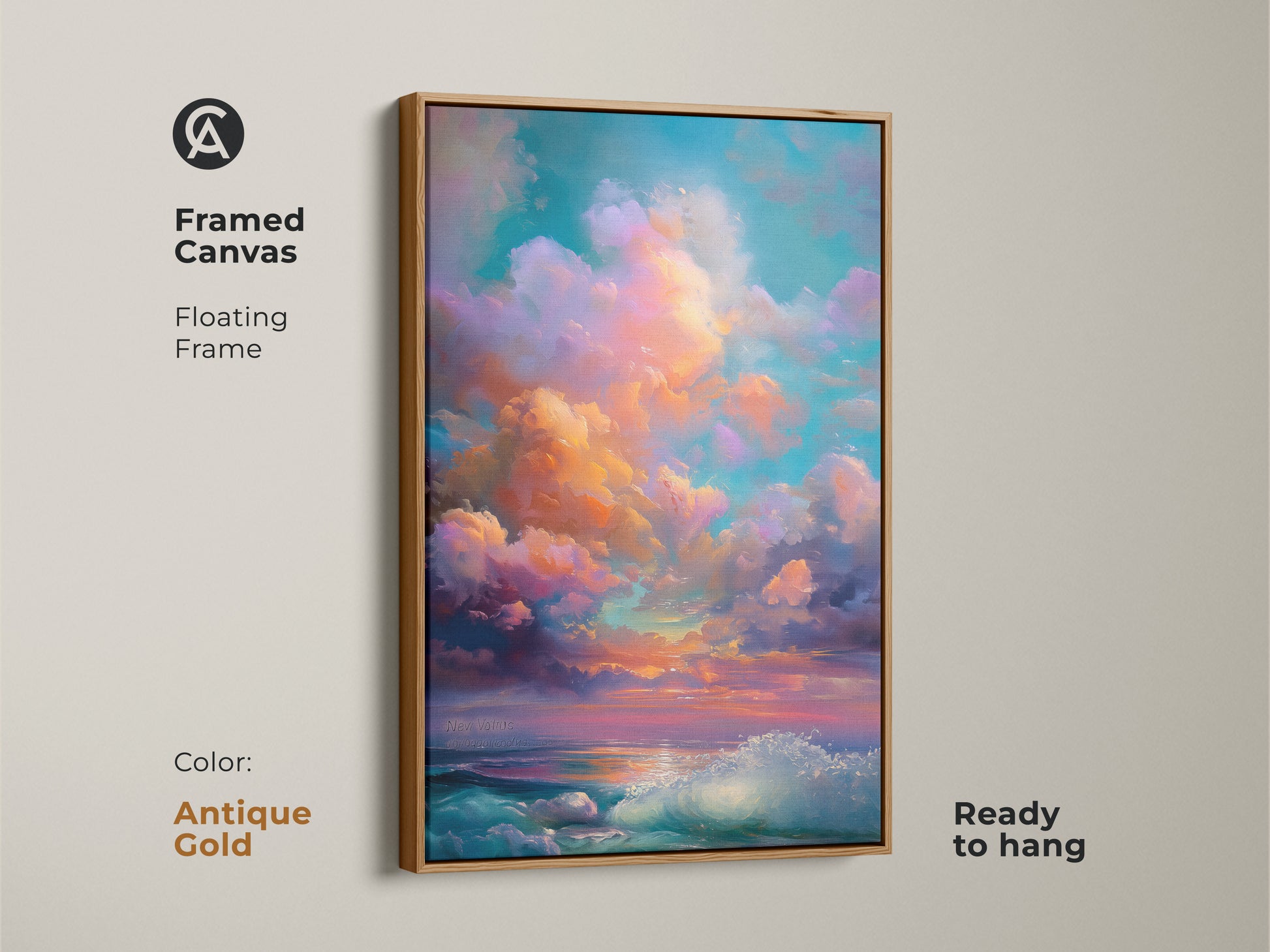 Antique gold framed canvas print of an impressionistic ocean wave artwork. The serene bedroom art features teal orange and purple colors. This sunset sky canvas art is ready to hang.