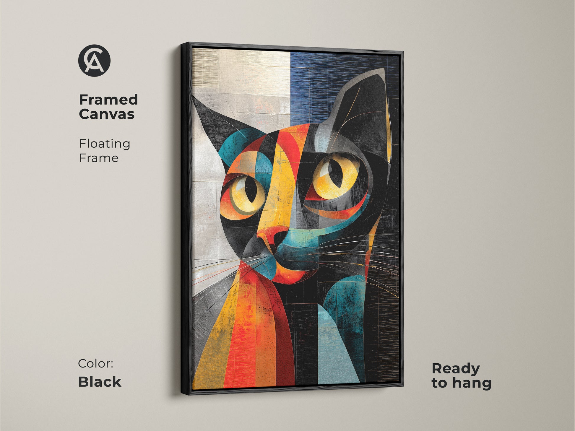 Framed canvas showcasing a cubist abstract cat artwork. The black floating frame enhances the geometric feline art. Ready to hang this modern animal decor is a stylish addition. The yellow teal and red cat artwork is perfect for modern homes.