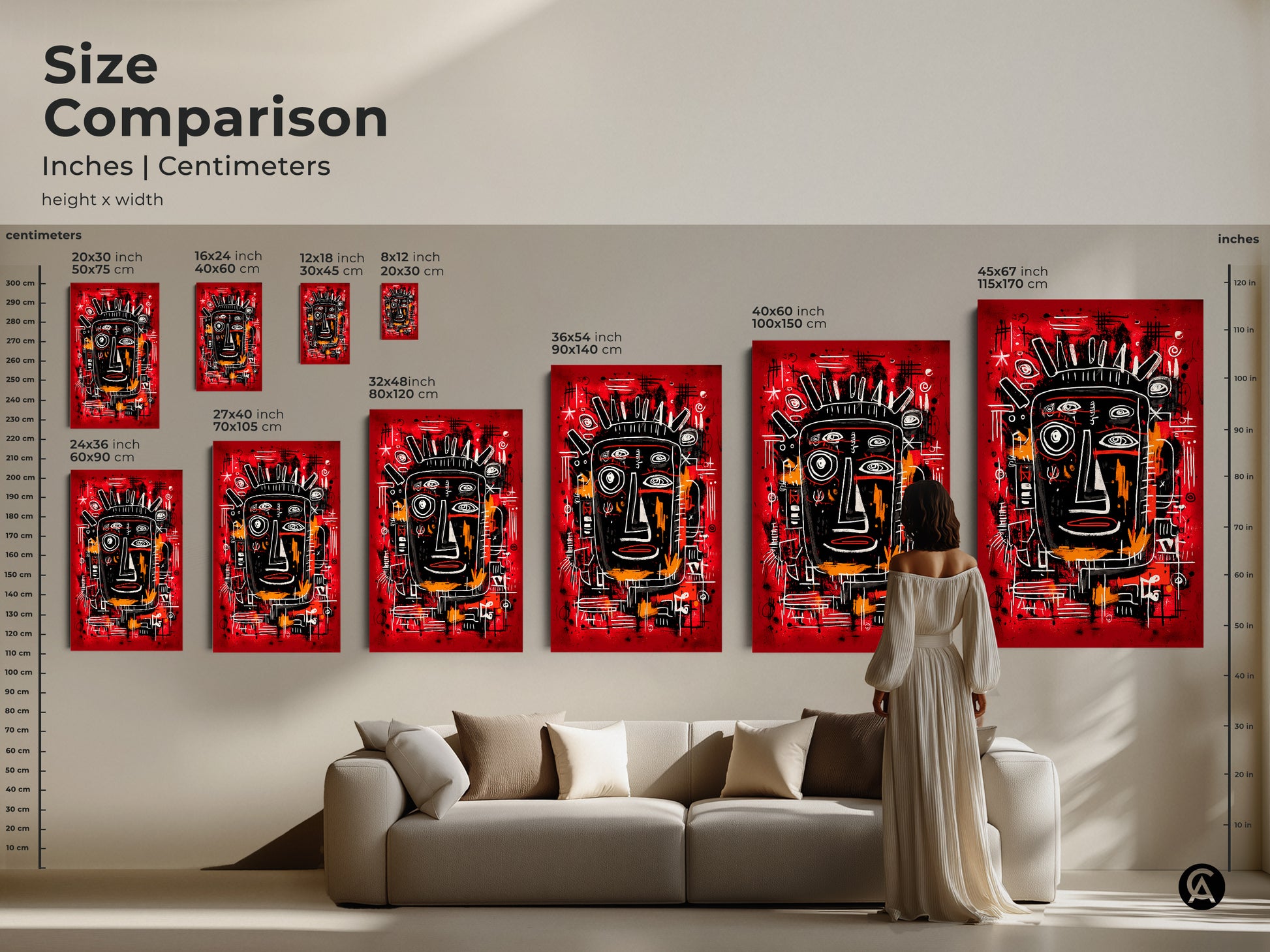 A size comparison of abstract face art in inches and centimeters. Various sizes are available to fit any room. See how this bold artwork transforms a living space with its unique and modern appeal.